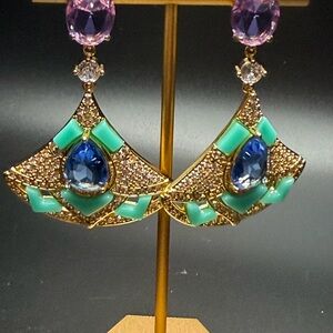 Catwalk Jon - Gold and Blue crystal fan statement Earrings pierced